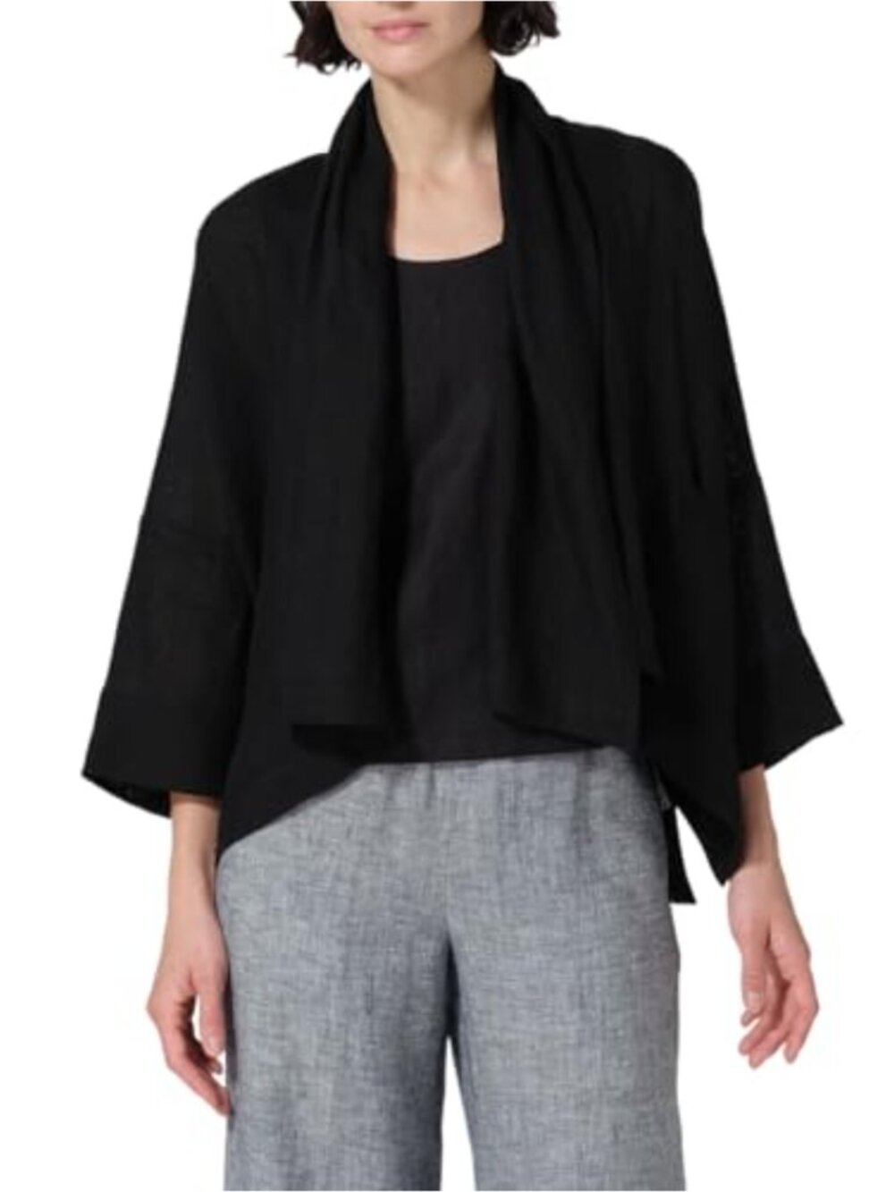 Linen Blend Lightweight 3/4 Sleeve Open Front Kimono Cardigan Shrug